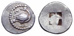 Macedon, Pangeion region. ‘The Neapolites’ AR Hemiobol. Macedon, Pangeion region. ‘The Neapolites’ AR Hemiobol. 480-470 BC. Goose standing right, head left; N above / Quadripartite incuse square. Unpu