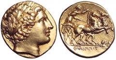 Kingdom of Macedon. Philip II AV Stater. Kingdom of Macedon. Philip II AV Stater. Lampsakos, circa 323-315 BC. Struck under Philip III. Laureate head of Apollo right / Charioteer, holding kentron and 