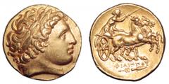 Kingdom of Macedon, Philip II AV Stater. Kingdom of Macedon, Philip II AV Stater. Kolophon, circa 323-316 BC. Struck under Philip III. Laureate head of Apollo right / Charioteer, holding kentron and r