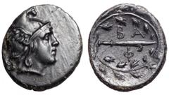 Kings of Macedon. Philip V Æ17. Kings of Macedon. Philip V Æ17. Uncertain Macedonian Mint, circa 221-179 BC. Head of Perseus right, wearing winged Phrygian helmet / Harpa, BA above, Φ below, oak-wreat