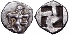 Islands off Thrace, Thasos AR Diobol. Islands off Thrace, Thasos AR Diobol. Circa 510-480 BC. Satyr running right / Quadripartite incuse square. Le Rider, Thasiennes 4; HGC 6, 333; Rosen 144. 1.15g, 1