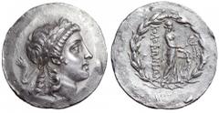 Ionia, Kolophon AR Tetradrachm. Ionia, Kolophon AR Tetradrachm. Circa 155-145 BC. Laureate head of Apollo right / Apollo Clarius standing right holding filleted branch, right hand placed on lyre, ΚΟΛΟ
