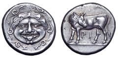 Mysia, Parion AR Hemidrachm. Mysia, Parion AR Hemidrachm. Circa 400-300 BC. Gorgoneion with protruding tongue, serpents around / Bull standing left, head reverted; ΠA above, PI below. BMC 14-16; SNG F