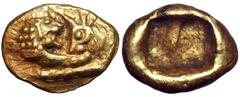 Kings of Lydia. Kroisos AV 1/24 Stater. Kings of Lydia. Kroisos AV 1/24 Stater. Sardes, circa 550-546 BC. Confronted foreparts of lion and bull / Incuse square punch. SNG von Aulock -; SNG München 9. 