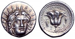 Islands off Karia, Rhodos. Rhodos AR Didrachm. Islands off Karia, Rhodos. Rhodos AR Didrachm. Circa 250-229 BC. Mnasimachos, magistrate. Radiate head of Helios facing slightly to right / Rose with bud