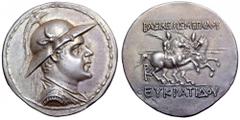 Baktria, Greco-Baktrian Kingdom. Eukratides I AR Tetradrachm. Baktria, Greco-Baktrian Kingdom. Eukratides I AR Tetradrachm. Circa 171-145 BC. Diademed and draped bust right, wearing helmet adorned wit