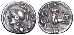 The Social War. Marsic Confederation AR Denarius. The Social War. Marsic Confederation AR Denarius. Corfinium or Aesernia, circa 88-87 BC. Bust of Italia left, in crested helmet and aegis, being crown