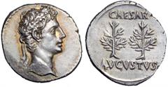 Augustus AR Denarius. Augustus AR Denarius. Spanish mint (Tarraco?), circa 20-16 BC. Laureate head right / Two laurel trees, CAESAR above, AVGVSTVS below. RIC 51; RSC 47. 3.87g, 20mm, 8h. Good Extreme