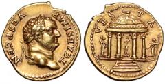 Titus AV Aureus. Titus AV Aureus. Rome, AD 73. T CAES IMP VESP CEN, laureate bust right / VESTA, tetrastyle circular Temple of Vesta, a statue of Vesta standing within, holding sceptre, two statues fl
