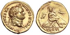Titus, as Caesar, AV Aureus. Titus, as Caesar, AV Aureus. Rome, AD 77-8. T CAESAR IMP VESPASIANVS, laureate bust right / Roma, helmeted, seated right on two shields, left foot on helmet, holding spear