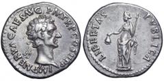 Nerva AR Denarius. Nerva AR Denarius. Rome, AD 96. IMP NERVA CAES AVG P M TR P COS II PP, laureate bust right / LIBERTAS PVBLICA, Libertas standing left, holding pileus and sceptre. RIC 7; RSC 106. 3.