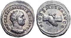 Balbinus AR Antoninianus. Balbinus AR Antoninianus. Rome, AD 238. IMP CAES D CAEL BALBINVS AVG, radiate, draped and cuirassed bust right / FIDES MVTVA AVGG, clasped hands. RIC 11; BMC 71. 5.48g, 24mm,
