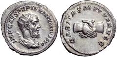 Pupienus AR Antoninianus. Pupienus AR Antoninianus. Rome, AD 238. IMP CAES PVPIEN MAXIMVS AVG, radiate, draped and cuirassed bust right / CARITAS MVTVA AVGG, clasped hands. RIC 10b; BMC 87. 4.38g, 23m