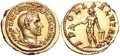 Trebonianus Gallus AV Aureus. Trebonianus Gallus AV Aureus. Rome, AD 253. IMP CAE C VIB TREB GALLVS AVG, laureate, draped and cuirassed bust right / APOLL SALVTARI, Apollo standing left, holding branc