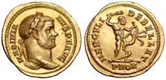 Maximianus Herculius AV Aureus. Maximianus Herculius AV Aureus. Rome, AD 293-4. MAXIMIANVS PF AVG, laureate bust right / HERCVLI DEBELLAT, Hercules standing right battling the Lernaean Hydra, holding 