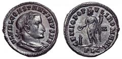 Constantine I, as Caesar, Æ Follis. Constantine I, as Caesar, Æ Follis. Lugdunum, AD 307. FL VAL CONSTANTINVS N C, laureate and draped bust right, seen from behind / GENIO POPVLI ROMANI, Genius standi