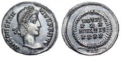 Constantius II AR Siliqua. Constantius II AR Siliqua. Thessalonica, AD 350-5. DN CONSTANTIVS PF AVG, pearl-diademed head right / VOTIS XXX MVLTIS XXXX in four lines within wreath, TES in ex. RIC 163. 