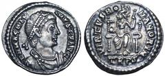 Magnus Maximus AR Siliqua. Magnus Maximus AR Siliqua. Trier, AD 383-8. D N MAXIMVS P F AVG, pearl-diademed, draped and cuirassed bust right / VIRTVS ROMANORVM, Roma enthroned facing, head left, holdin