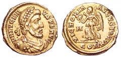 Eugenius AV Tremissis. Eugenius AV Tremissis. Mediolanum, AD 392-4. DN EVGENIVS PF AVG, pearl-diademed, draped and cuirassed bust right / VICTORIA AVGVSTORVM, Victory advancing left, holding wreath an