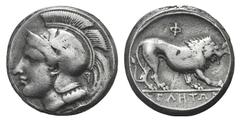 Lucania, Velia AR Didrachm. Lucania, Velia AR Didrachm. c. 340-334 BC. Head of Athena l., wearing Attic helmet decorated with griffin / Lion walking r. Williams 264; HNItaly 1284. 6.45g, 20mm, 3h. Nea