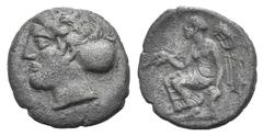 Bruttium, Terina AR Diobol. Bruttium, Terina AR Diobol. c. 440-425. Female head l., wearing ampyx / Winged Nike seated l. on cippus, holding caduceus in r. hand. Cf. HNItaly 2582 (triobol). 0.75g, 11m