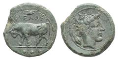 Sicily, Gela Æ Tetras. Sicily, Gela Æ Tetras. c. 420-405. Bull standing l., head lowered, in profile, as if to charge; three pellets in exergue / Head of the river-god Gelas r., hair flowing behind; g