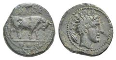 Sicily, Gela Æ Tetras. Sicily, Gela Æ Tetras. c. 420-405. Head of river god r. / Bull standing r., three pellets beneath. CNS III, p. 13, 18; SNG ANS 112-114. 3.27g, 16mm, 7h. Good VF