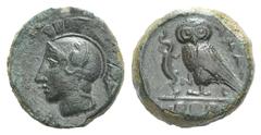 Sicily, Kamarina Æ Tetras. Sicily, Kamarina Æ Tetras. c. 420-410. Head of Athena l., wearing crested Corinthian helmet decorated with a wing / Owl standing l., grasping lizard; three pellets in exergu