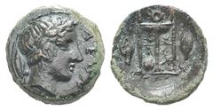 Sicily, Leontini Æ Tetras. Sicily, Leontini Æ Tetras. c. 405-402. Laureate head of Apollo r., olive leaf behind / Tripod with lyre between legs, flanked by barley grains; three pellets in exergue. CNS