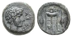 Sicily, Leontini Æ Tetras. Sicily, Leontini Æ Tetras. c. 405-402. Laureate head of Apollo r., olive leaf behind / Tripod with lyre between legs, flanked by barley grains; three pellets in exergue. CNS