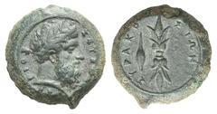 Sicily, Syracuse Æ Hemidrachm. Sicily, Syracuse Æ Hemidrachm. Time of Timoleon c. 344-338 BC. Head of Zeus Eleutherios r., wearing laurel wreath / Upr. thunderbolt; barley grain to l. CNS 71; SNG Morc