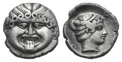 Macedon, Neapolis AR Hemidrachm. Macedon, Neapolis AR Hemidrachm. c. 424-350. Gorgoneion with protruding tongue / Head of nymph r., wearing necklace, within circular incuse. AMNG III/2, 13; SNG ANS 43