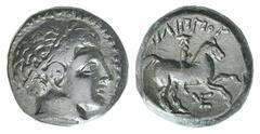 Kingdom of Macedon. Philip II Æ16. Kingdom of Macedon. Philip II Æ16. Uncertain mint c. 359-336. Head of Apollo r., wearing tainia / Youth on horseback r.; monogram below. SNG ANS 842. 6.22g, 16mm, 9h