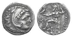 Kingdom of Macedon. Alexander III AR Drachm. Kingdom of Macedon. Alexander III AR Drachm. Kolophon c. 310-301. Head of Herakles r., wearing lion skin / Zeus Aëtophoros seated l.; K in l. field, Φ belo