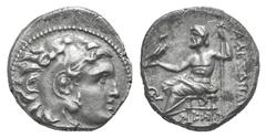 Kingdom of Macedon. Alexander III AR Drachm. Kingdom of Macedon. Alexander III AR Drachm. Mylasa c. 310-301. Head of Herakles r., wearing lion skin / Zeus Aëtophoros seated l.; monogram in l. field, K