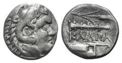 Thrace, Kallatis AR Hemidrachm. Thrace, Kallatis AR Hemidrachm. c. 3rd-2nd C. Head of Herakles r., wearing lion's skin headdress / Grain ear, club and bow case. Cf. BMC 203. 1.78g, 12mm, 9h. VF