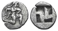 Thrace, Thasos AR Diobol. Thrace, Thasos AR Diobol. c. 500-480. Satyr running r. / Four-part incuse square. Le Rider, Thasiennes 4; SNG Copenhagen 191-4. 1.08g, 10mm. Good VF