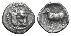 Thessaly, Pharkadon AR Hemiobol. Thessaly, Pharkadon AR Hemiobol. 425-375. Bull’s head r. / Ram standing l., within shallow incuse square. BCD Thessaly 610. 0.36g, 10mm, 12h. VF