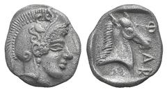 Thessaly, Pharsalos AR Hemidrachm. Thessaly, Pharsalos AR Hemidrachm. c. 450. Head of Athena r., wearing crested Attic helmet adorned with three coiled serpents / Horse’s head r. BCD Thessaly 628; Lav