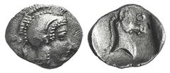 Thessaly, Pharsalos AR Hemiobol. Thessaly, Pharsalos AR Hemiobol. c. 400. Head of Athena r., wearing crested Attic helmet / Horse’s head r. BCD Thessaly 648; Lavva 39. 0.29g, 9mm, 6h. VF