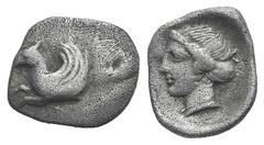 Akarnania, Leukas AR Hemidrachm. Akarnania, Leukas AR Hemidrachm. c. 380-320. Forepart of Pegasos flying l. / Head of Aphrodite l. Cf. BCD Akarnania 226. 1.37g, 12mm, 3h. F/VF