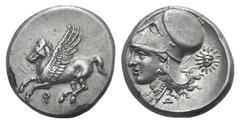 Corinthia, Corinth AR Stater. Corinthia, Corinth AR Stater. c. 375-300. Pegasos flying l. / Helmeted head of Athena l.; Δ below, head of Helios behind. Ravel 1006; BMC 100. 8.59g, 21mm, 9h. Good VF