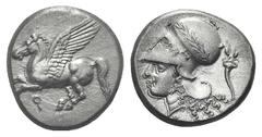 Corinthia, Corinth AR Stater. Corinthia, Corinth AR Stater. c. 375-300. Pegasos flying l. / Helmeted head of Athena l.; A-P flanking neck truncation, cornucopia behind. Ravel 1012; BMC 257; BCD Corint