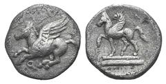 Corinthia, Corinth AR Stater. Corinthia, Corinth AR Stater. c. 375-300. Pegasos flying l. / Pegasos standing l. Cf. BCD Corinthia, Corinth 192; SNG Copenhagen 64. 0.83g, 10mm, 7h. VF