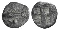 Mysia, Kyzikos AR Hemiobol. Mysia, Kyzikos AR Hemiobol. c. 600-550. Tunny l.; fish tail(?) below / Four-part incuse square. Rosen 520. 0.44g, 8mm. Toned VF
