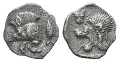 Mysia, Kyzikos AR Hemiobol. Mysia, Kyzikos AR Hemiobol. c. 550-500. Forepart of boar l.; tunny behind / Head of lion l.; lion’s head facing above l.; all within incuse square. SNG Copenhagen 49 var. (
