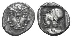 Mysia, Lampsakos AR Diobol. Mysia, Lampsakos AR Diobol. c. 500-450. Female janiform head / Helmeted head of Athena l. within incuse square. SNG BnF 1126. 1.31g, 11mm, 6h. Toned, good VF