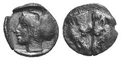 Mysia, Pergamon (?) AR Hemiobol. Mysia, Pergamon (?) AR Hemiobol. c. 5rd C. BC. Confronted boar’s head / Helmeted head of Athena l. 0.32g, 7mm, 11h. Toned VF