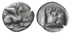 Troas, Assos AR Hemiobol. Troas, Assos AR Hemiobol. c. 479-450. Griffin leaping r. / Head of roaring lion r. in incuse square. Rosen 528. 0.49g, 10mm, 6h. Toned VF
