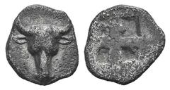 Troas, Lamponeia AR Hemiobol. Troas, Lamponeia AR Hemiobol. 4th C. BC. Bull’s head facing / Four-part incuse square. Klein 316; SNG Tübingen 2648. 0.41g, 8mm. Toned VF